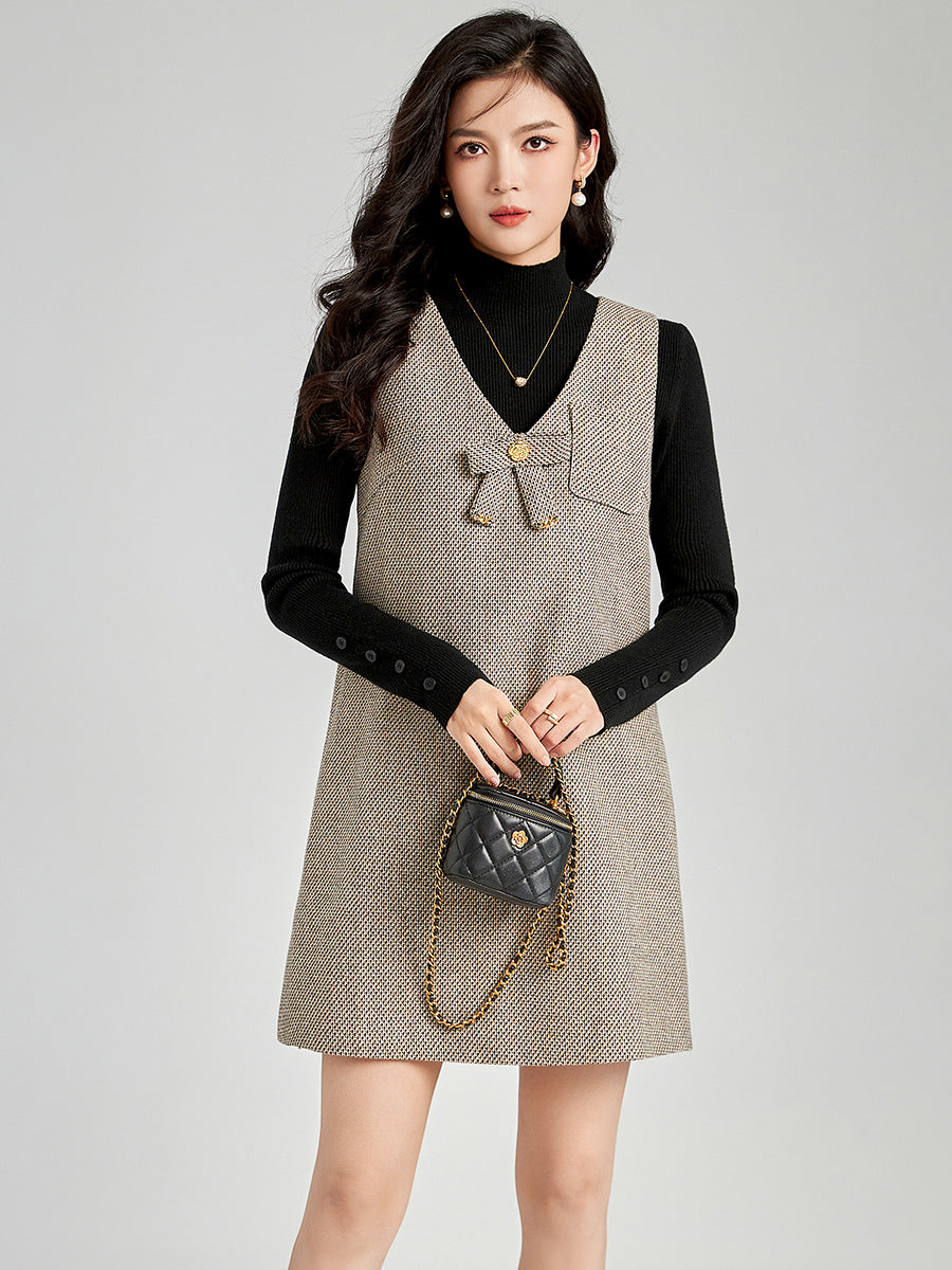Autumn Winter Loose V-neck Slim Fit Sleeveless Split Casual Plaid Dress Knee-length Skirt Style Fashionable Women's Dress