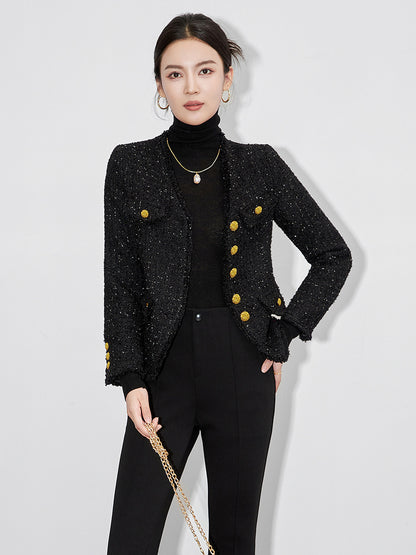Elegant Fashion Jackets Vintage Coats for Women Autumn Winter Long Sleeve V-neck 30% Wool Tweed Jacket Office Lady Short Coat