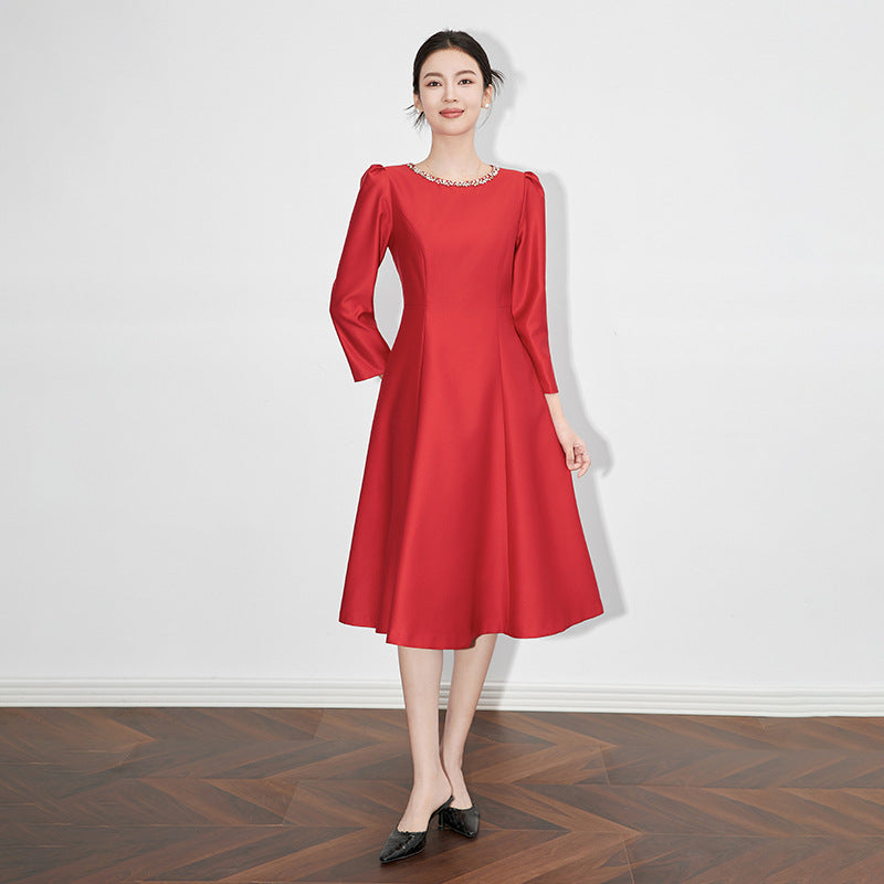 Women Heavy Crystal Embellished Glossy A-Line Swing Dress Elegant Formal Gown With Sparkle Details