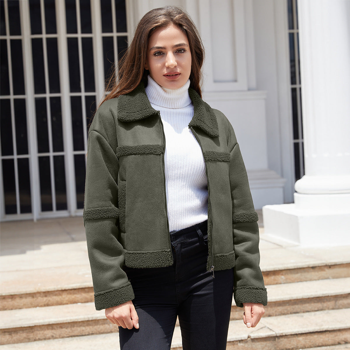 Faionable Women's Suede Jaet Autumn Winter New Sle Windproof Fce Lined Outerwear Commute Sle Long Sve Zipper