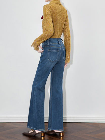 High Waist Bell Bottom Jeans Women's Elastic Slimming Casual Fish Tail Pants Vintage Style Long Polyester Fiber Commute Style