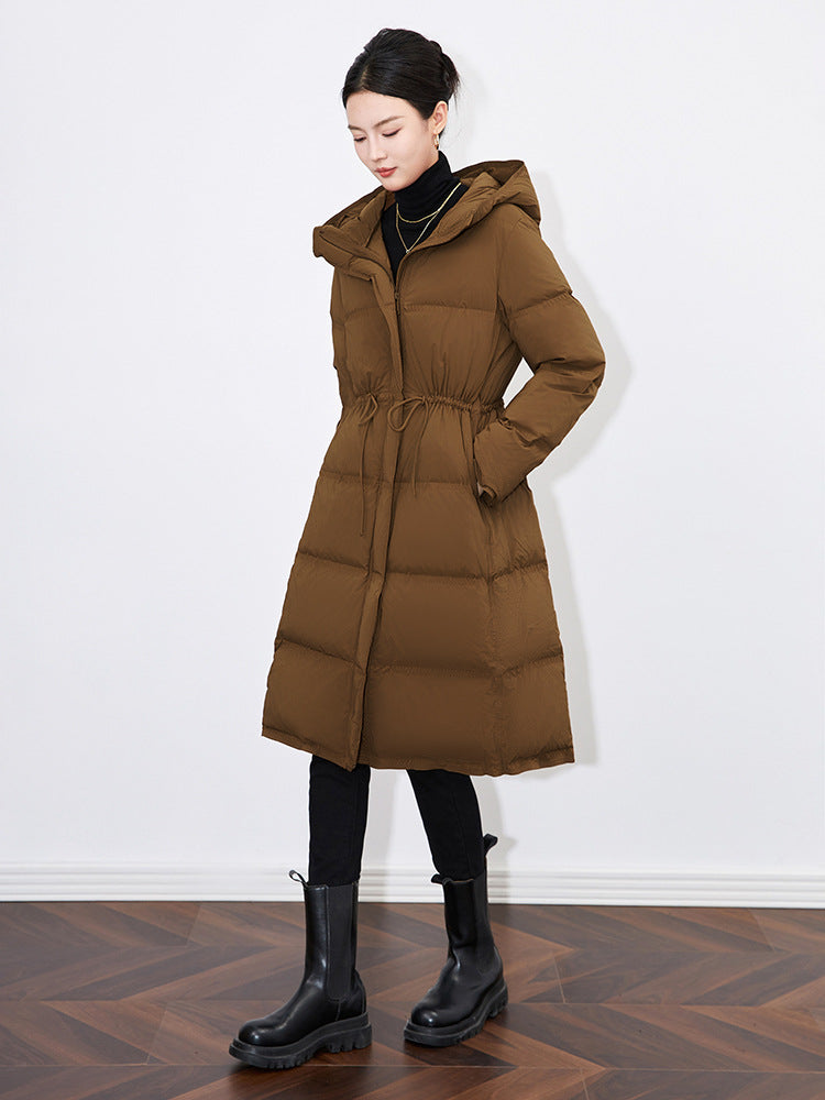 Women's Thickened White Duck Down Hooded Jacket Belted Waist Warm Coat Winter New Style Casual Long Sleeve Zipper Closure