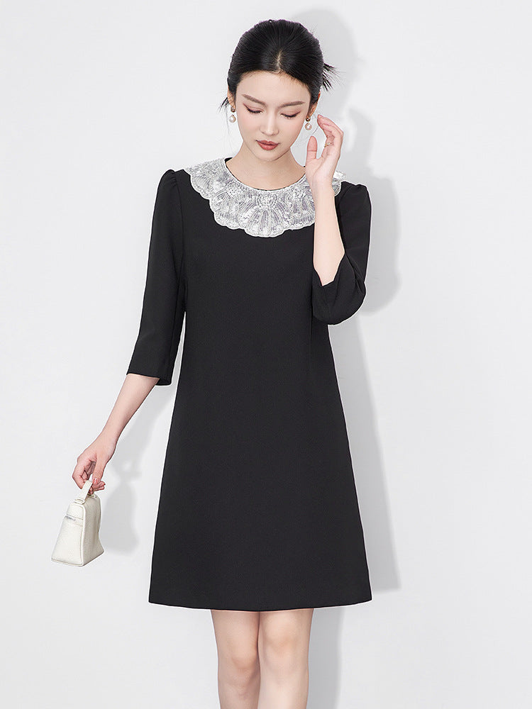 Elegant Heavy-Detailing Doll Collar Dress for Women Glittering Sequin Midi A- Line Skirt High Waist Slimming Effect