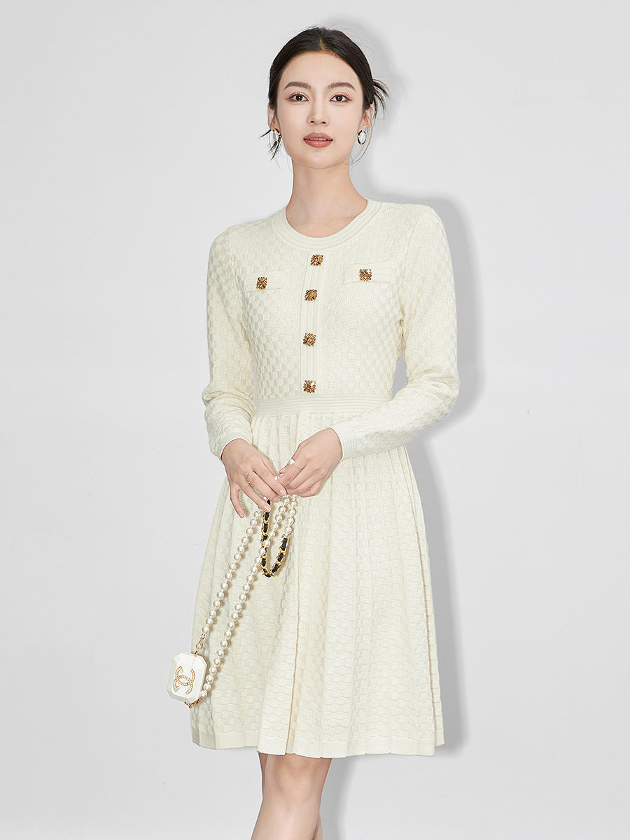 Autumn Winter Long Sleeve Knitting Sweater Dresses for Women New Designer Buttons Solid Fashion Pleated Knee Length Dress