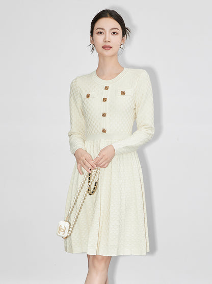 Autumn Winter Long Sleeve Knitting Sweater Dresses for Women New Designer Buttons Solid Fashion Pleated Knee Length Dress