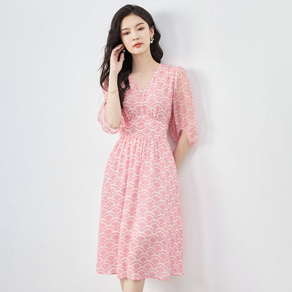 Prairie Chic Women's Floral Print Dress 2025 Summer V-neck Elegant Fashion Dresses For Women 100% Real Silk A-line Long Dress
