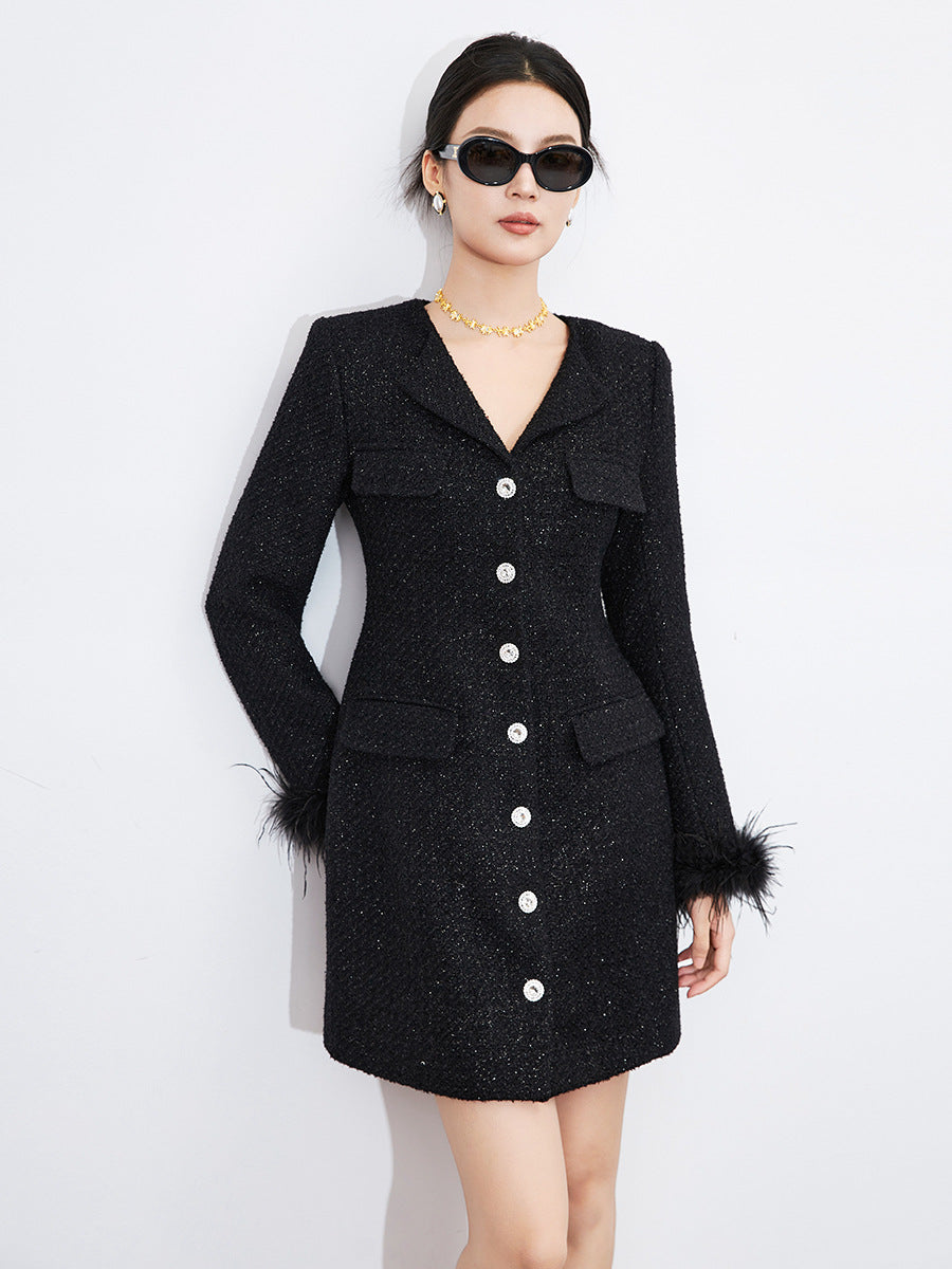 Elegant Fur Patchwork Women Jacket Autumn Single Breasted Turn-down Collar Korean Slim Waist Medium-long Coat