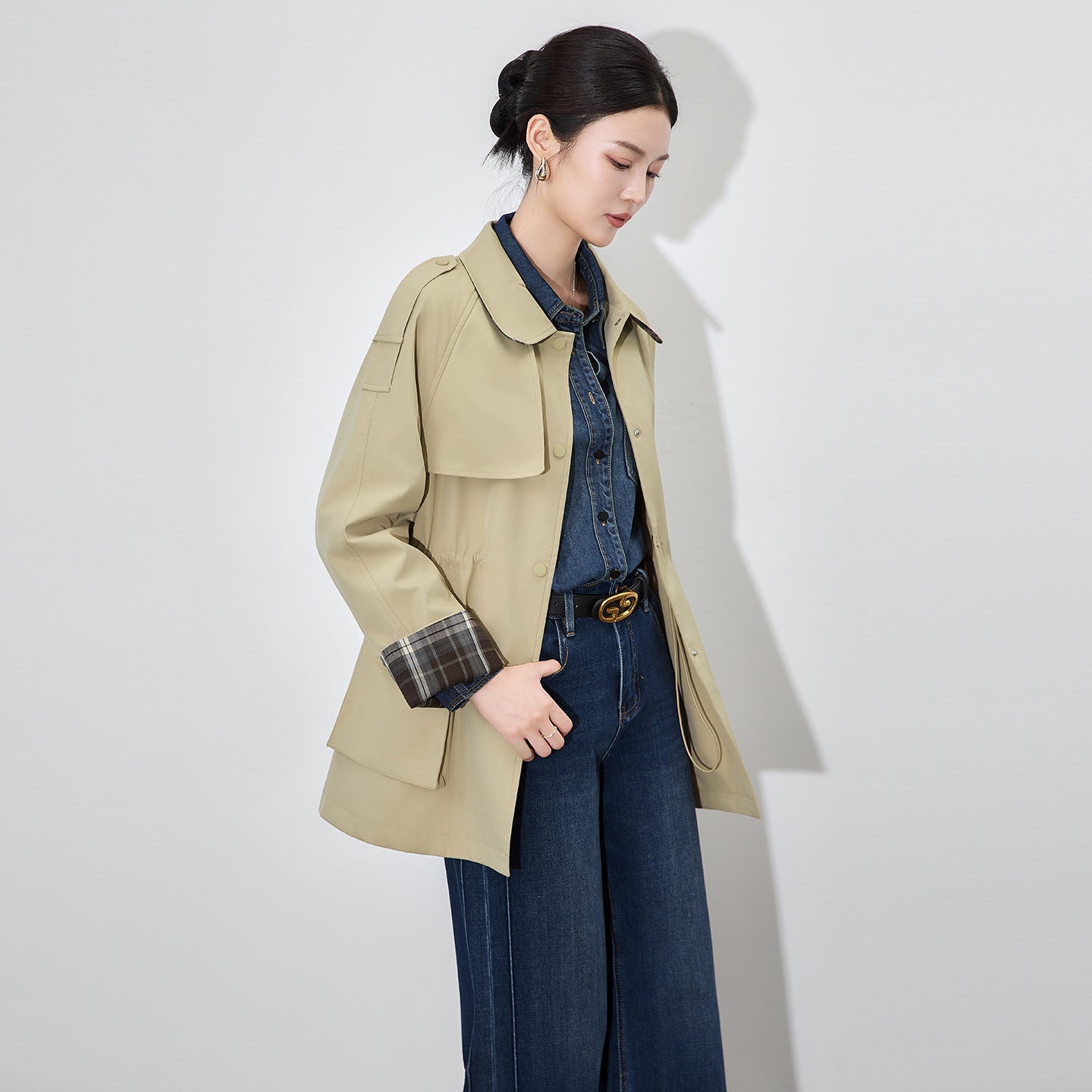 Elegant Plaid Midi Length Commuter Style Women's Coat Jacket Casual Chic Polyester Viscose Blend Long Sleeve Button up