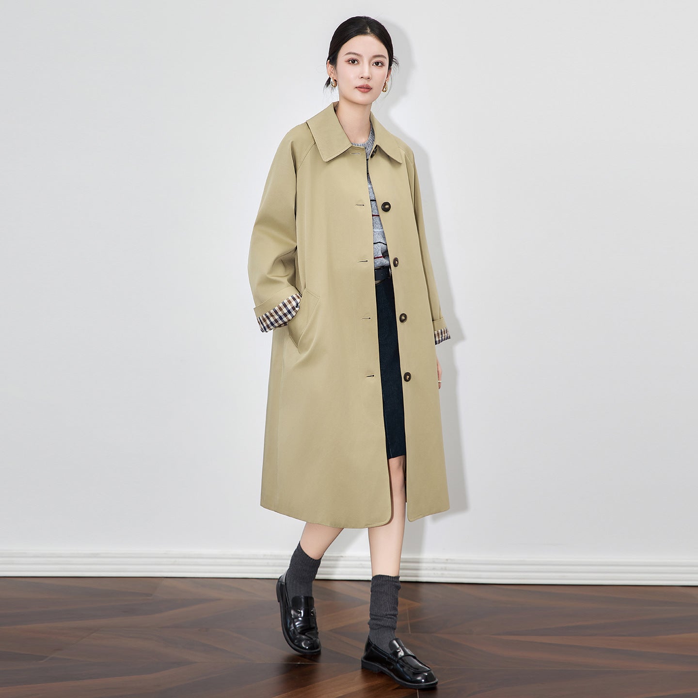 Long Casual Plaid British Style Women's Coat Initial Simple Autumn New Arrival Full Sleeve Flip Collar Windbreaker Jacket