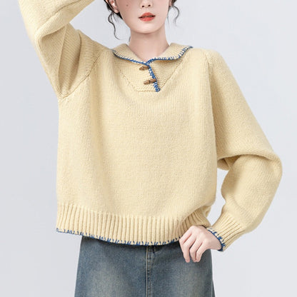 Autumn Winter Loose Women's Knitted Sweater Soft Cozy Overhead Design Sensation Small Audience Cord Collar Button Outwear