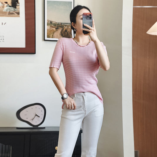 Ultrafine Secret Weave Slim Stripe Knitted Casual Commute Color Block Short Sleeve Silk Leisure Korean Style Round Neck Sweater