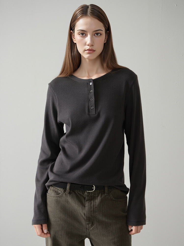 Women's Long Sve T-irt Linen Cotton Lyocell Henry Collar Base Irt Early Autumn Outerwear Tee Colors
