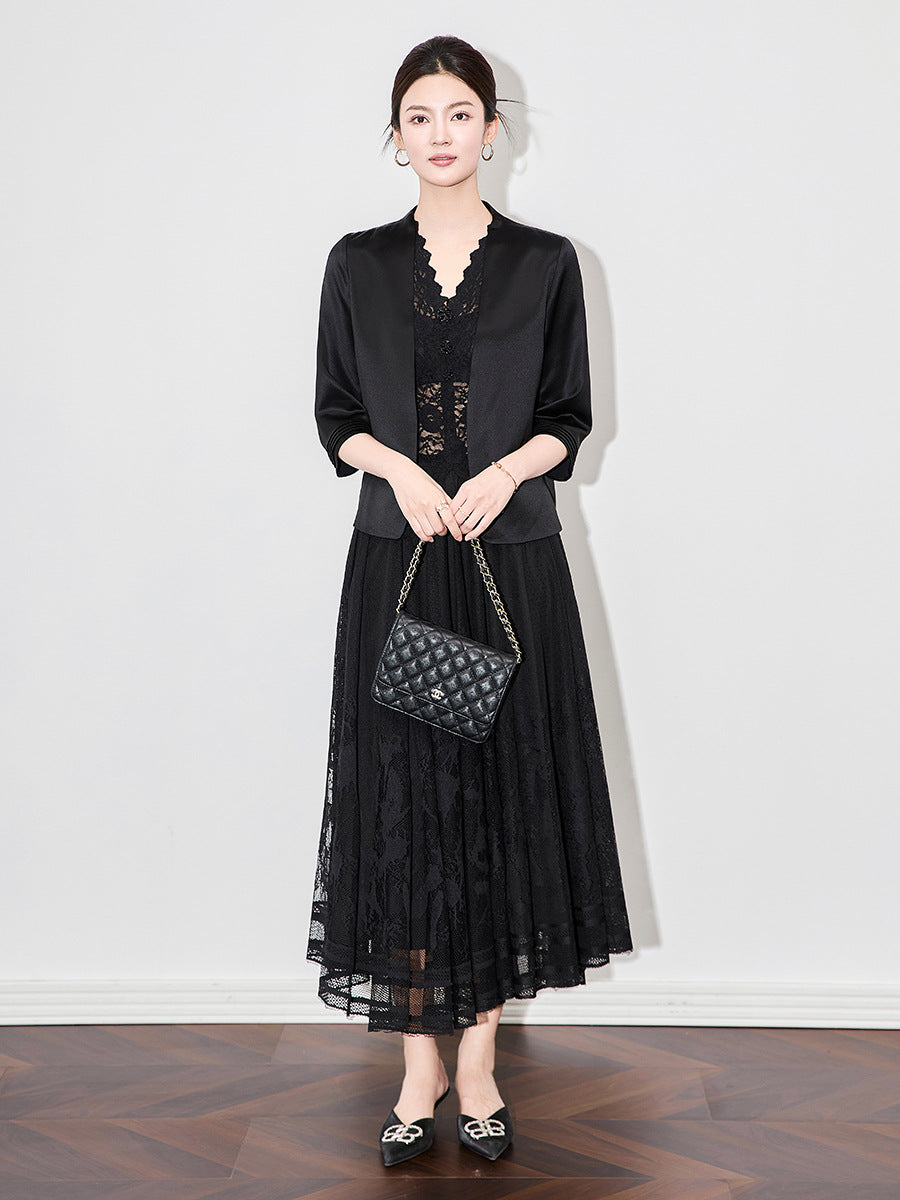 Spring Summer Pure Color Acetate Suit Jacket Women's Short Five Sleeve Collarless Versatile Stylish Single Piece Blazer