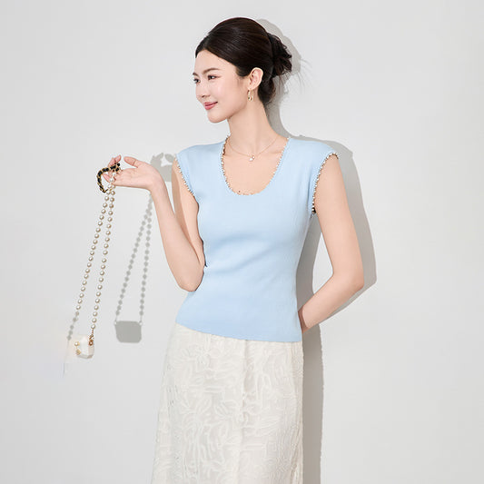 Outerwears Beading O-Neck Knitted Women Sweater Vest New Sleeveless Black Knit Sweater Vest Women Tops Sueters De Mujer