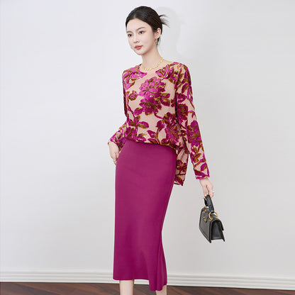 Elegant Heavy Embroidery Shiny Thread Velvet Fashion Long Sleeve Women's Top Luxury Feel round Neck Sweatshirt Commute Style