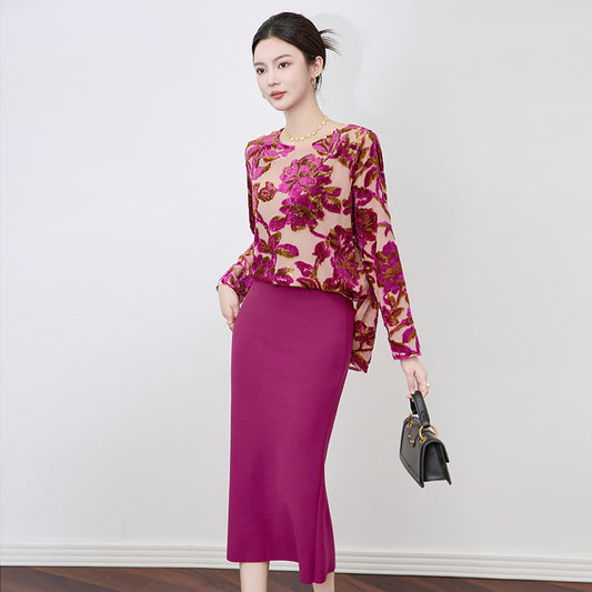 Elegant Heavy Embroidery Shiny Thread Velvet Fashion Long Sleeve Women's Top Luxury Feel round Neck Sweatshirt Commute Style