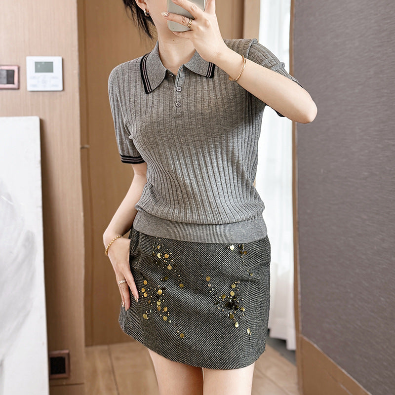 French Vintage Elegant Turn-down Collar 16 Needle Ultra Fine Merino Wool Chunky Stripe Women's Knitwear Casual Style Knitted