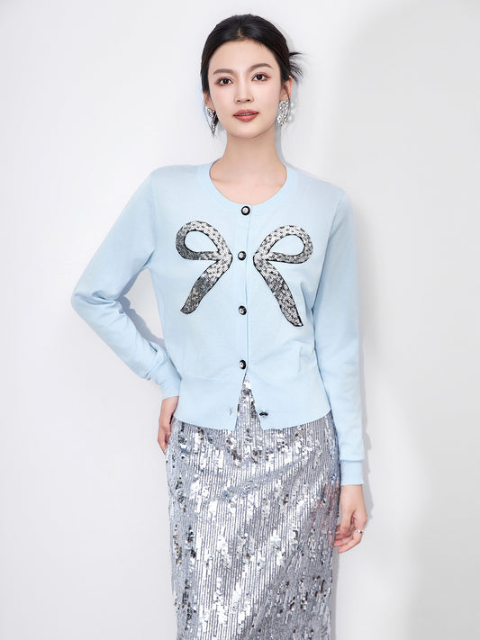Vintage Style Knit Cardigan Top for Women Autumn New Heavy Beaded Sequin Bow Design Sweater Jacket Elegant Chic Outerwea