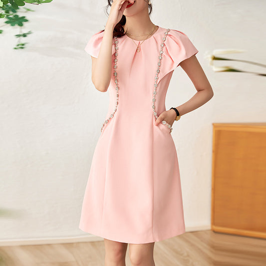 A-Line Dr with Heavy Beading and Gentle Wind Design High Waist Fly Sve Women's Summer Faion Dr