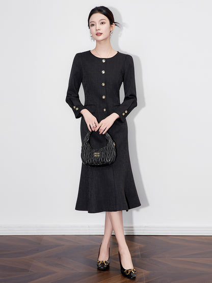 French Elegant Temperament Commuter Fishtail Dress Square Neck Long Sleeve Single Breasted High Waist Belt Slim Long Dress Women