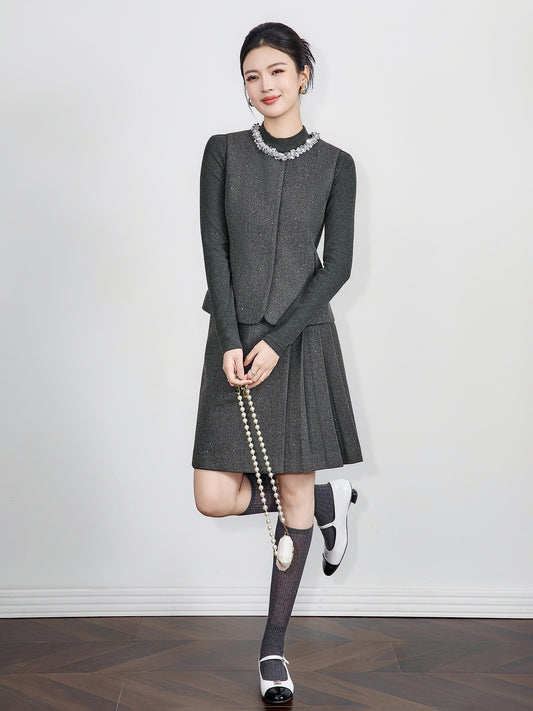 French Style Sweater Knitted Cardigan Coat Mini Skirt Two-Piece Set Luxury Sensation Floral Patchwork Short Skirt Autumn