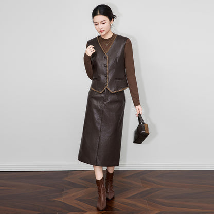 Modern Commuter Protein Leather Vest And Mini Skirt Set Women's Fashion High Quality Clothing South Oil Crack PU Leather