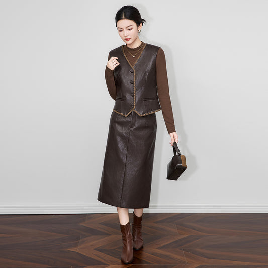 Modern Commuter Protein Leather Vest And Mini Skirt Set Women's Fashion High Quality Clothing South Oil Crack PU Leather