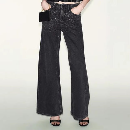 Glitter Loose Fit Straight-leg Denim Pants Casual Comfortable Style Mid-rise Leg Trousers Lady Popular Streetwears