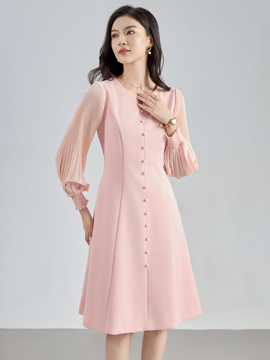 Autumn Satin Long Dr High Waist Lantern Sve Slimming Design Sense V-Ne A-Line Skirt Single Button Closure Commute