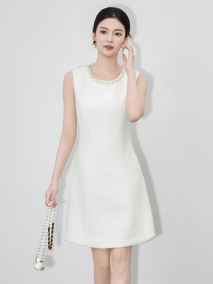 French Chic Style Tweed Vest Dress Women Beaded Pearls A-line Slim Waist Belt Elegant Mini Dress Fashion New Fall Winter Outfit