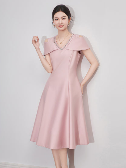 French Simple Commuter Office Lady Dress Diamond V-neck Off-shoulder Short Sleeves High Waist A-line Elegant Evening Dress Women
