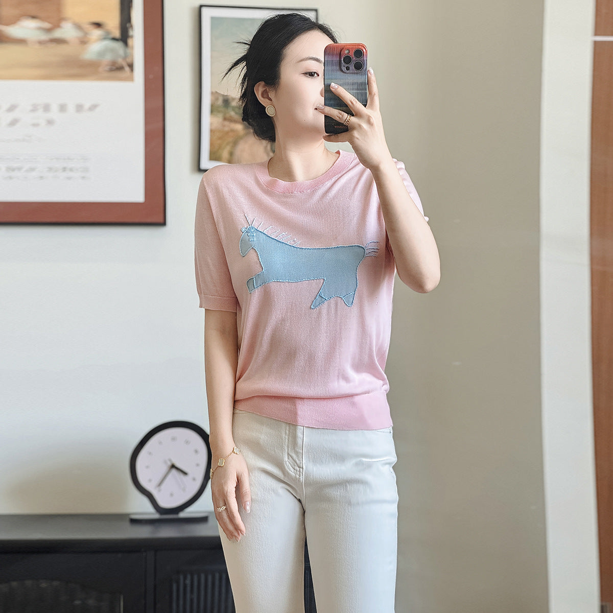 Summer New Short-sleeved T-shirt Women Sweaters Design Sense Niche O-neck Slim Pullover Knitted Tops Casual T-shirts