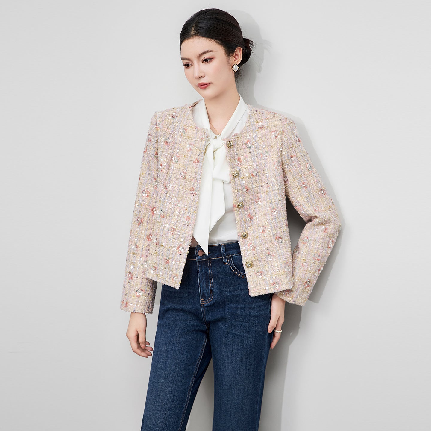 Elegant Short Tweed Jacket French Style Gentle Noble Lady's Clothing Polyester Wool Blend Straight Cut Medium Thickness