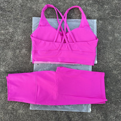 Solid Color Gym Cycling shorts Yoga Set Short Legging +Cross Back strap Sport Bra Athletic Women Suit Comprehensive Training Jog