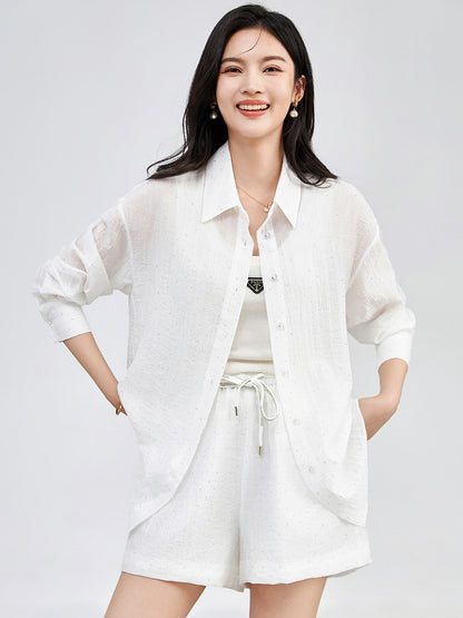 Loose Casual Sun Protection Shirt plus Elastic Waist Shorts Linen Set Comfortable Draped Feeling Lazy Style