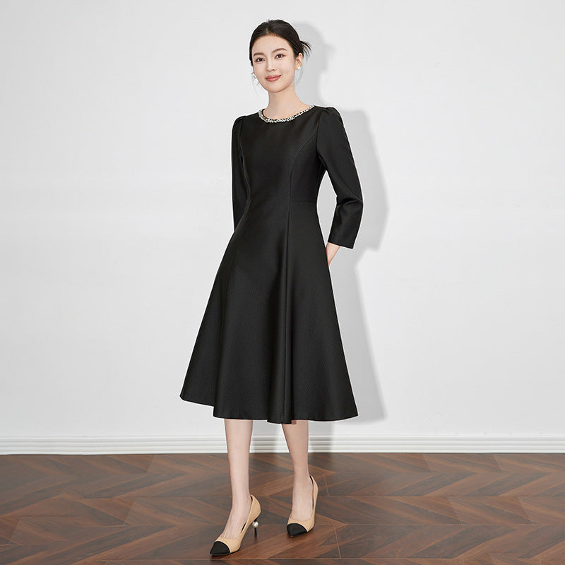 Women Heavy Crystal Embellished Glossy A-Line Swing Dress Elegant Formal Gown With Sparkle Details