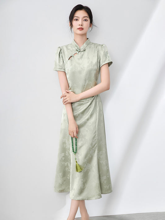 Yourqipao Summer Composite Lace Green Cheongsam Long Modified Traditional Chinese Style Qipao Wedding Evening Dress for Women