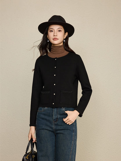 High Quality Summer and Autumn New Fashion Pearl Rivet Socialite Women's Long Sleeved Round Neck Knitted Top Cardigan Set