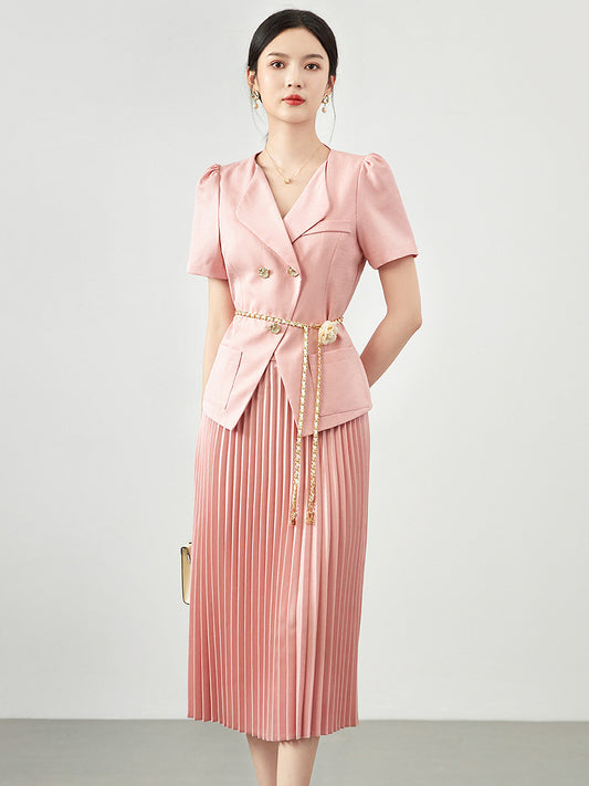Pleated Skirt Set Women Two Piece Sets Dress Sets Short Sleeve Tops A Line Long Skirts High Waist Streetwear Elegant Work