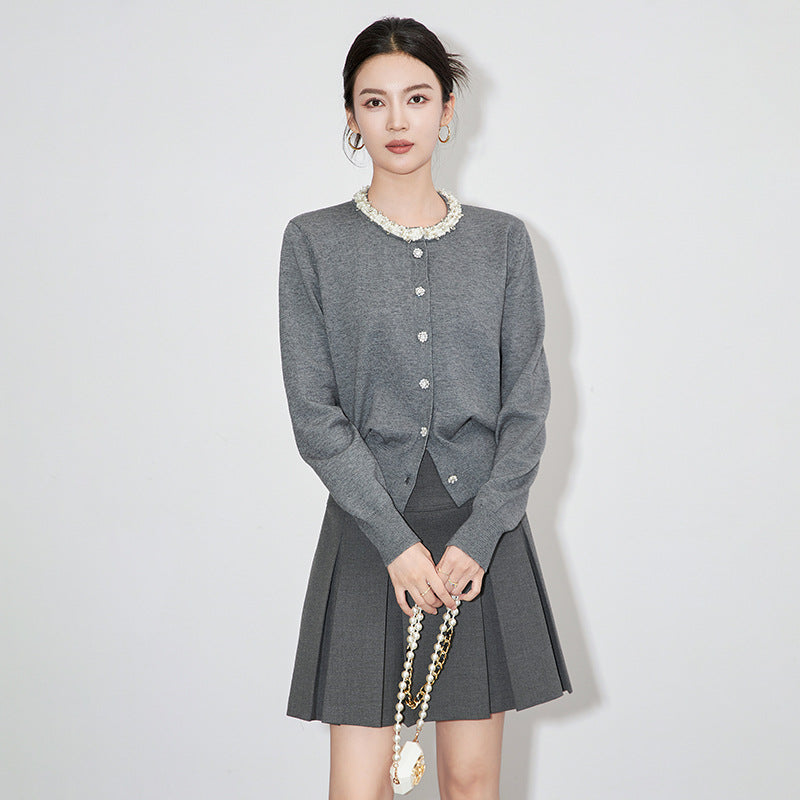 Pearls Beading O-Neck Cardigan Women, Fashion Knitted Gray Long Sleeve