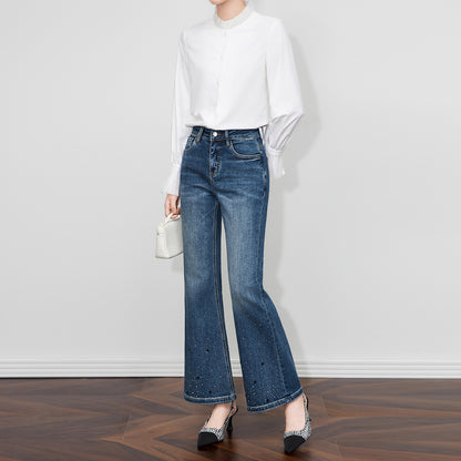 High Waist Bell Bot Denim Jeans Women's Vintage Faded Rhinestone Embellied Premium Quali Fall Collection
