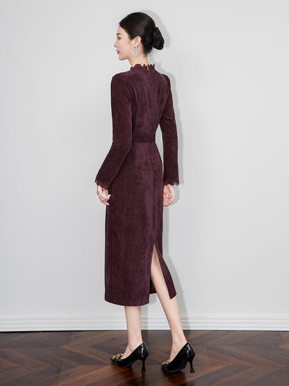 Women Lace Spliced Velvet Dress Black Diamond Embellishments Belt Short Sleeved Lady Single Breasted Midi Robe