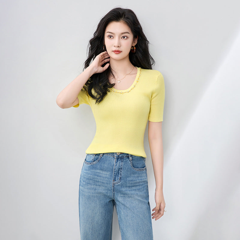 Heavyweight Round Neck Beaded Hook Knit Top Fashionable Slim Short Sleeve Summer Women's Shirt Design Sense Silk Knittedwear
