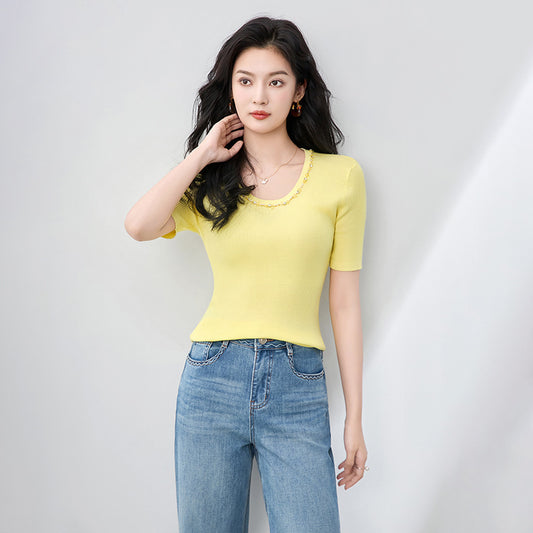 Heavyweight Round Neck Beaded Hook Knit Top Fashionable Slim Short Sleeve Summer Women's Shirt Design Sense Silk Knittedwear
