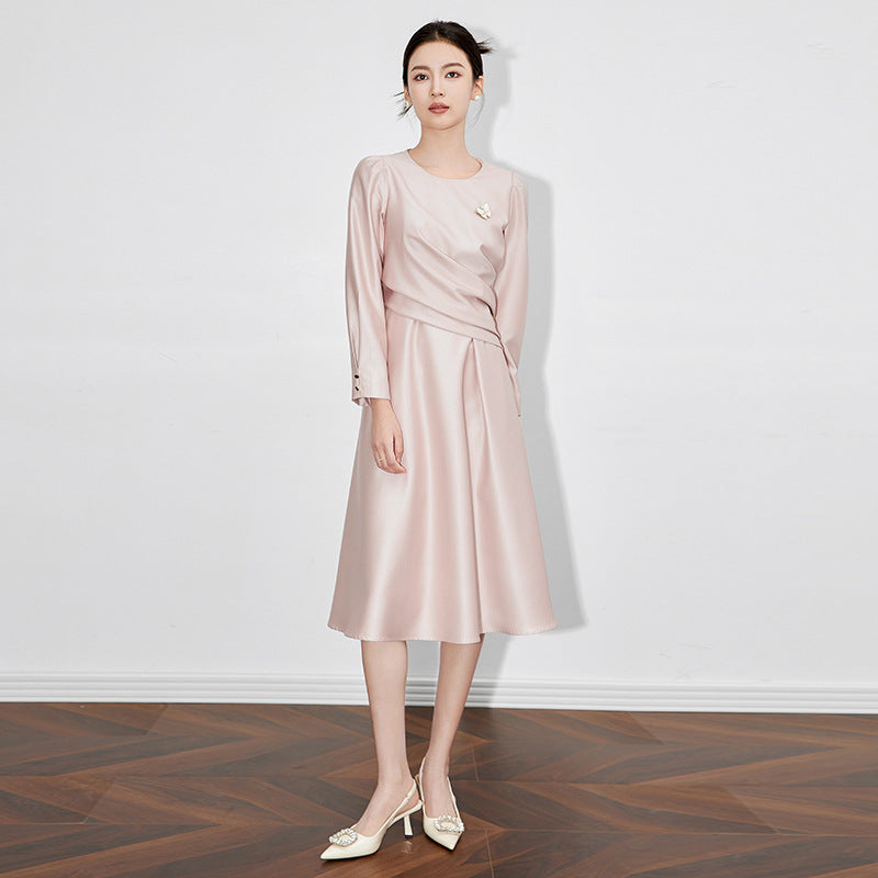 O-neck Mid Dress Spring Women Diamond Long Sleeves Loose Dresses Summer High Waist Pullover Zipper Knee Length Dress