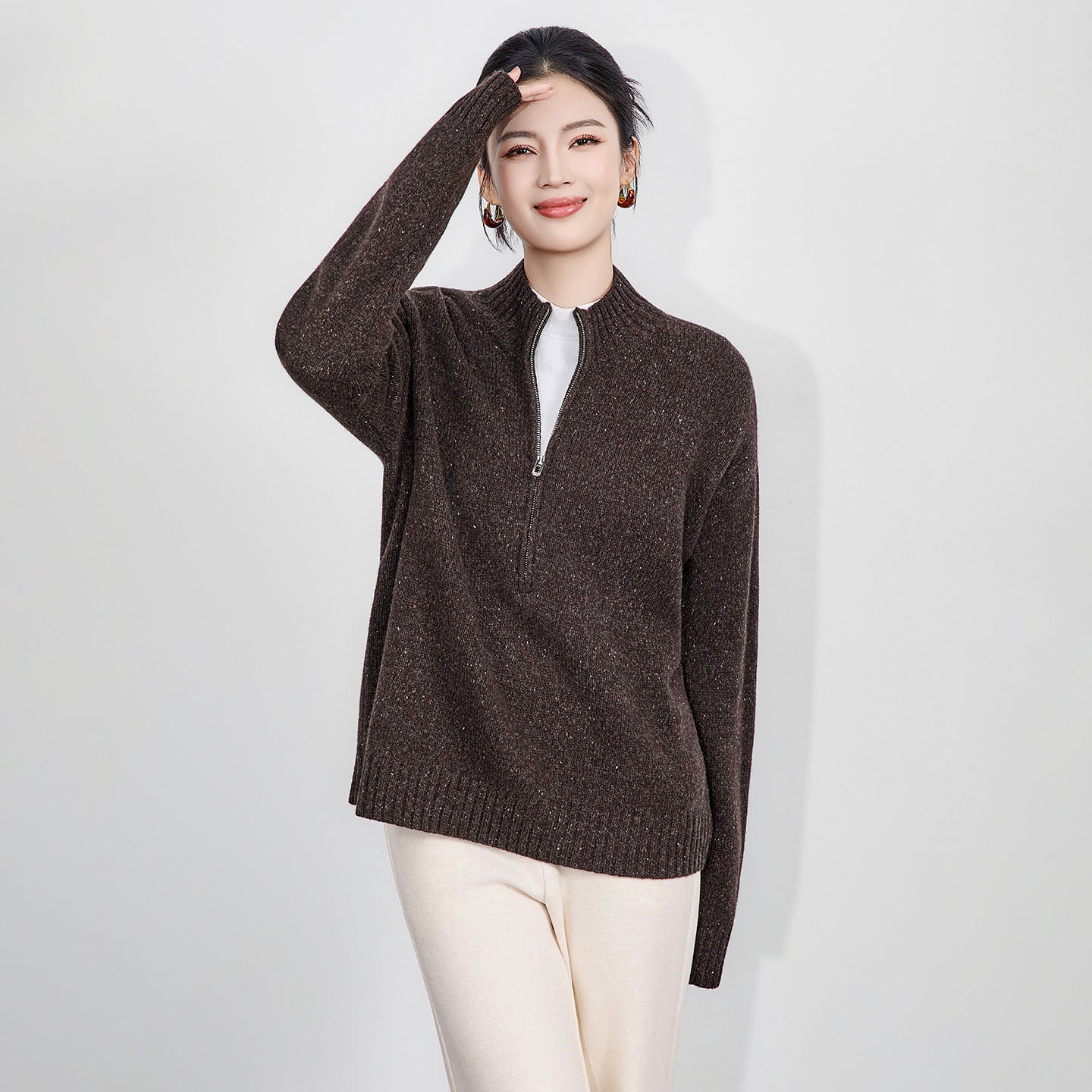 Lagur Heavyweight Floral Knit Sweater Loose Fit Women's Half Zip Thick Warm Knitted Woolen Long Sleeve Casual Commute Style
