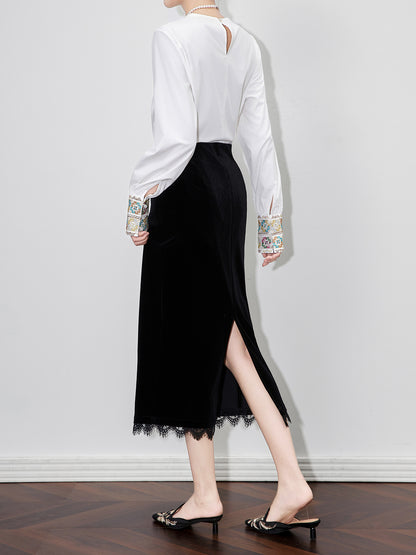 Elegant Velvet Lace Splicing Midi Skirt for Women Straight Cut Commute Style Autumn Winter New Arrival Half-length Skirt
