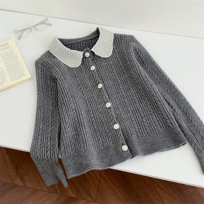 Ele European Sle Knitted Cardigan Women's Long Sve Turn-down Collar Pearl Button Heavy Embroidery Faion Top