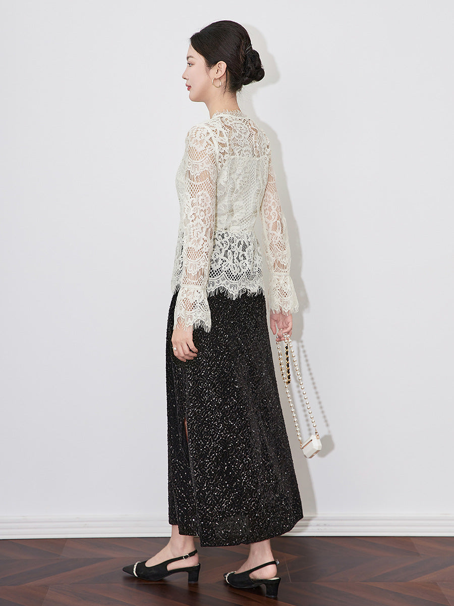 Spring Elegant Hollow Lace Shirt Fashionable Pullover Shirt V-neck Long Sleeve Hooded Women's Shirt