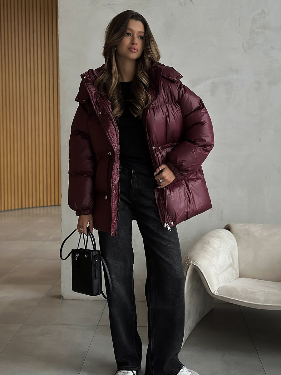 Womens Cotton Jacket with Hood Zipper and Drawstring Waist Warm Cotton Coat Fashionable and Versatile Everyday Outdoor Wear